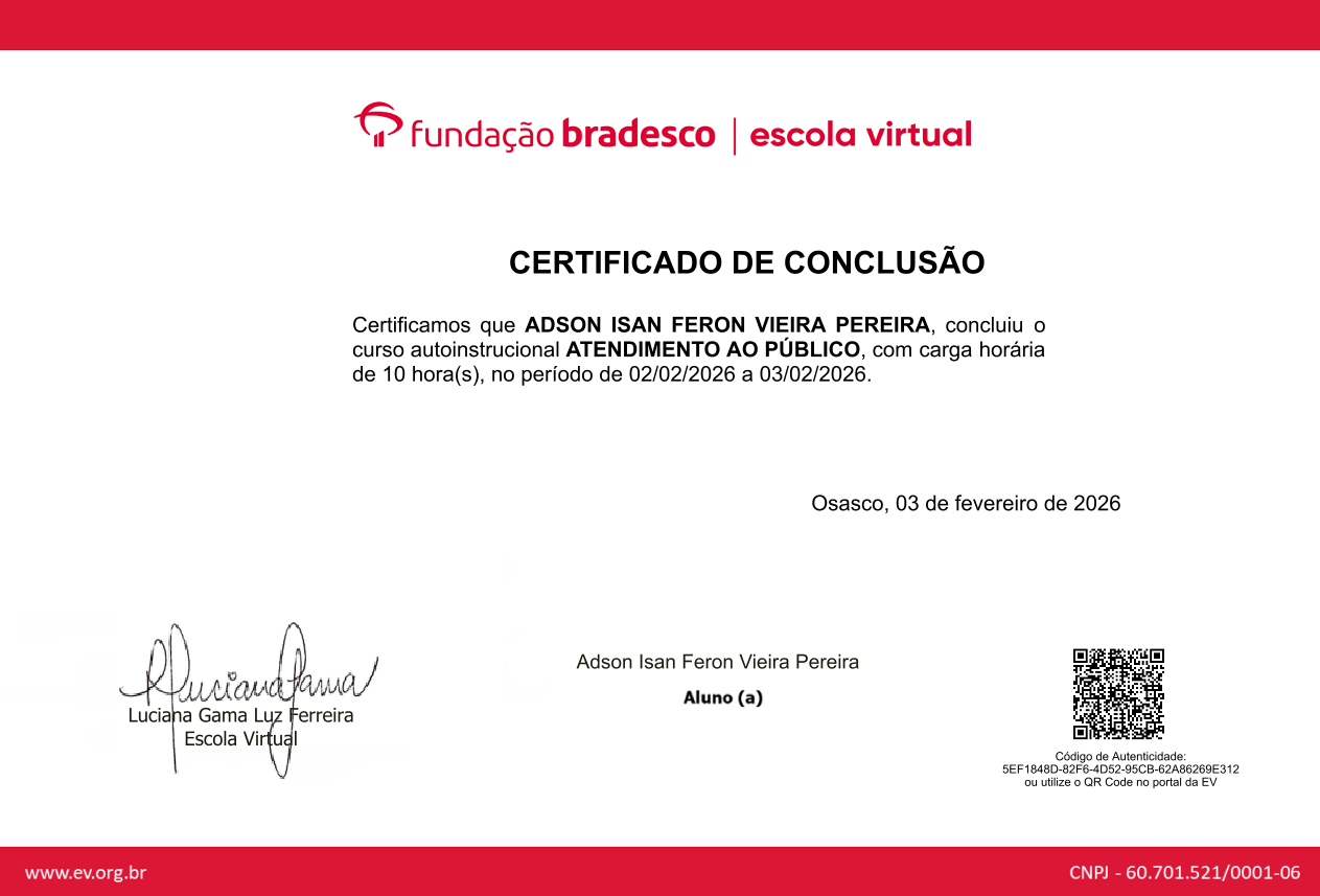 Certificado da Fundação Bradesco — Atendimento ao Público